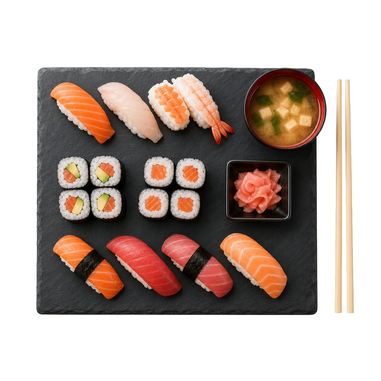 Assorted fresh nigiri and maki sushi with miso soup